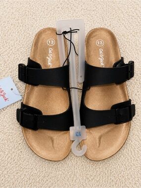 Cat & Jack Black Double-Strap Slide Sandals with Metallic Gold Footbed